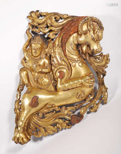 清代  铜鎏金菩萨神兽像