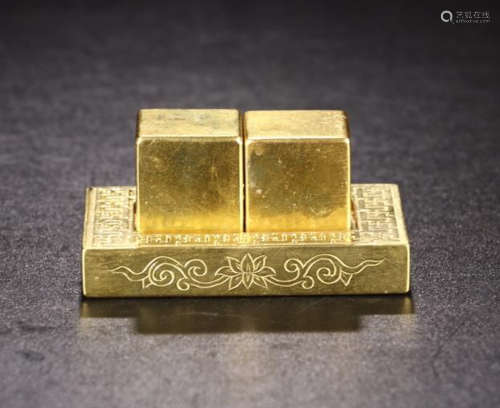 A PAIR OF GILT-BRONZE   GOLDEN LOTUS PATTERN CARVED SQUARE SEAL
