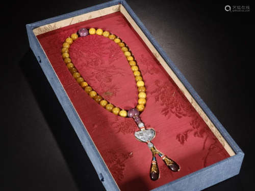 A 36 BEADS AMBER ROSARY WITH TOURMALINE BEADS