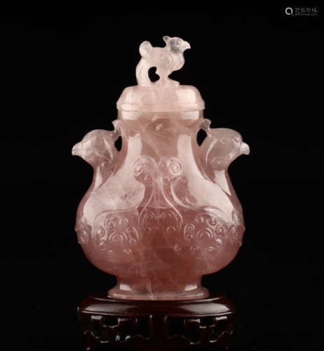 A CRYSTAL DOUBLE BIRD CARVED VASE