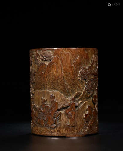 A CHARACTER STORY CARVED  BAMBOO BRUSH HOLDER