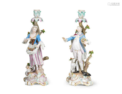 A pair of Meissen large figural candlesticks, last quarter 19th century