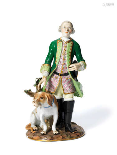 A Meissen figure of the huntsman Johann Georg Wentzel with Princess Maria Anna's favourite dog, mid 19th century