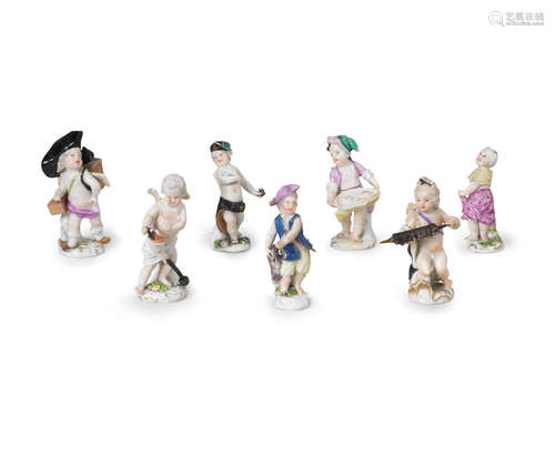 Seven Meissen figures of putti in disguise, circa 1760-65