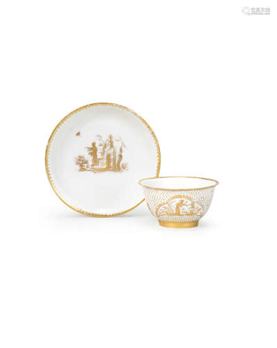 A rare early Meissen teabowl and saucer, decorated in the Funcke workshop in Dresden, circa 1715-20