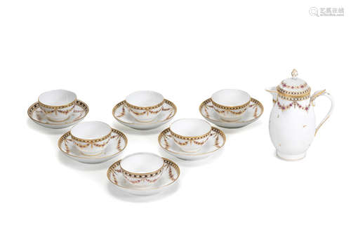 Five Nyon teabowls and saucers and a jug and cover, circa 1780