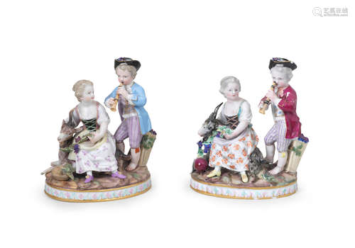 Two Meissen groups of children emblematic of Autumn, 19th century, one outside-decorated