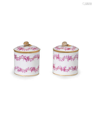 A pair of Vincennes/Sèvres pomade pots and covers, circa 1757