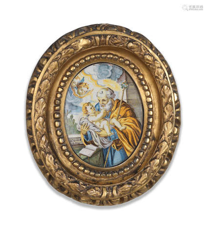 A Castelli small framed oval plaque, painted by F.A. Grue, dated 1735