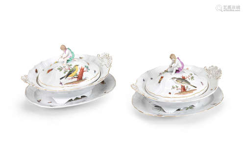 A pair of Meissen tureens, covers and stands, 19th century, possibly outside-decorated