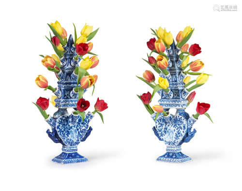 A Pair of blue and white Delftware tulip vases, 19th century