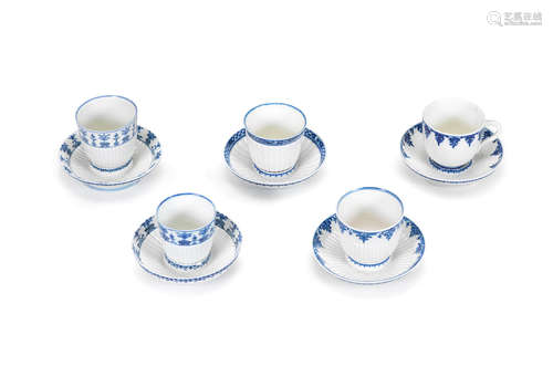 Five Saint-Cloud cups and trembleuse saucers, 1720-40