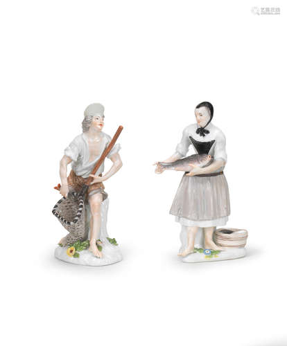 A pair of Meissen figures of a fisherman and fisherwoman, mid 18th century