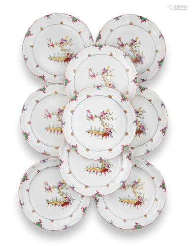 Nine Rouen, Levavasseur workshop, faience ornithological plates, circa 1780