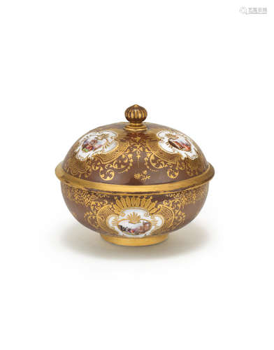 A Meissen brown-ground bowl and cover, circa 1730