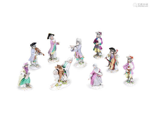 Nine Meissen monkey band figures, second half 18th century