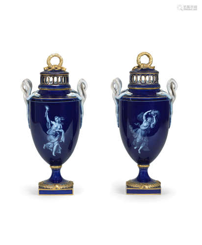 A pair of Meissen 'Limoges enamel' style pot-pourri vases and covers, circa 1860