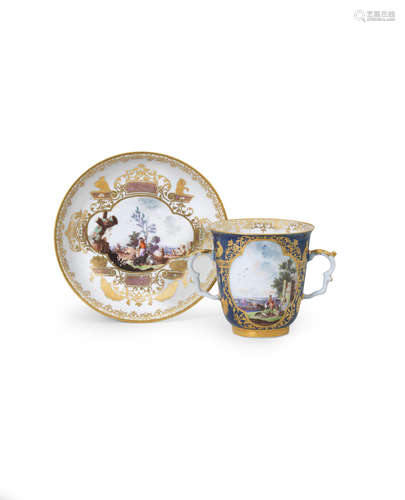 A Meissen double-handled blue-ground beaker and saucer, circa 1735-40