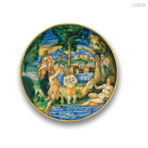 A Duchy of Urbino maiolica istoriato footed dish, circa 1550