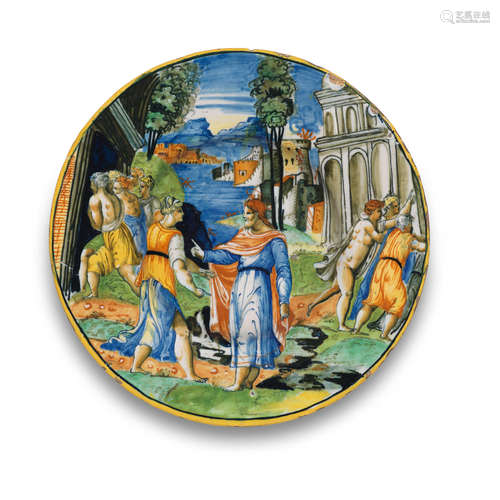 An Italian istoriato maiolica plate attributed to the workshop of Guido di Merlino, circa 1540