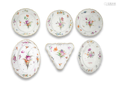 Six Nymphenburg plates and dishes, circa 1757-70