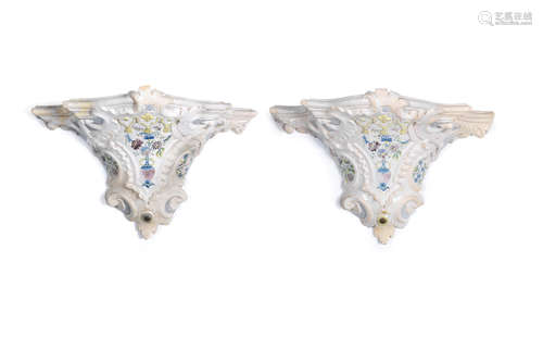 A very rare pair of Künersberg faience console brackets, circa 1750