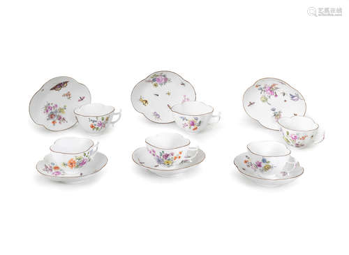 A set of six Meissen quatrelobe cups and saucers, mid 18th century