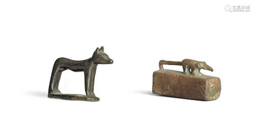 An Egyptian bronze Ichneumon sarcophagus and a bronze figure of Wepwawet  2