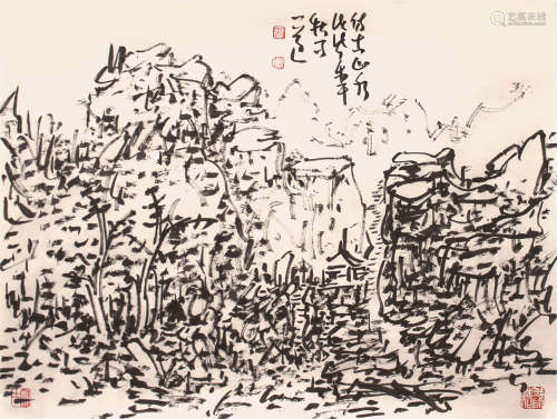 初中海  山水 纸本镜片