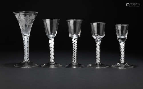 Circa 1760 Five opaque-twist wine glasses