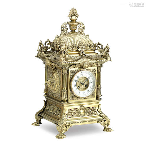 The movement stamped 'Marti et Cie'  A late 19th century large French brass mantle clock