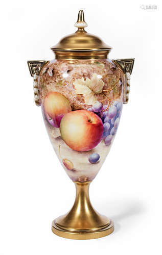 Post-war A Royal Worcester fruit painted covered vase and cover and two plates, painted by C. Hughes