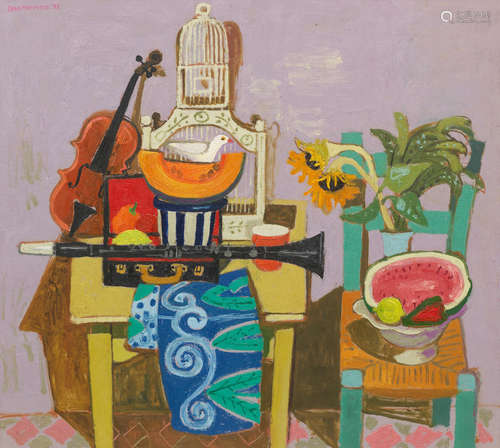 Musical Instruments and Green Chair Leon Francesco Morrocco RSA RGI(British, born 1942)