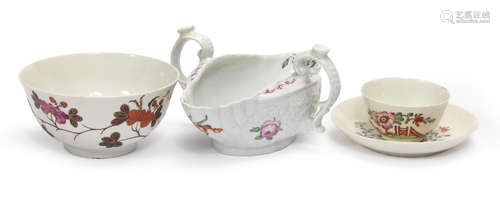 Circa 1760-80 A Worcester two-handled sauceboat, a Worcester teabowl and saucer and a small Worcester bowl