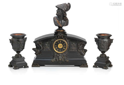 The dial inscribed 'William Rodger Paris'  A 19th century bronze and slate clock garniture