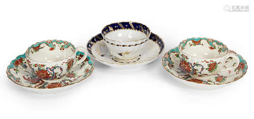 Circa 1760 and 1790 A pair of Worcester teacups and saucers and a Flight teabowl and saucer