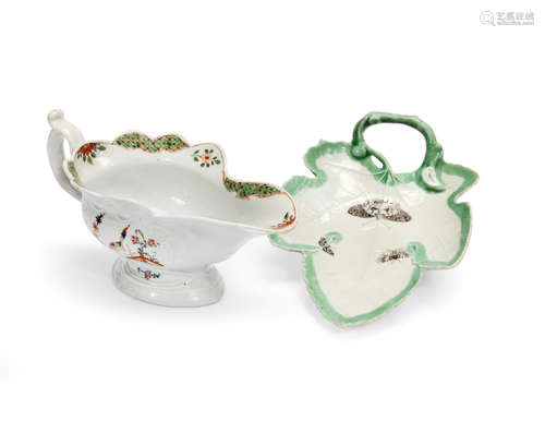 Circa 1755 and 1757 A Worcester high-footed sauceboat and a Worcester leaf dish