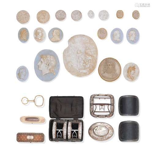 A collection of snuff mulls, shoe buckles and Intaglio relief style medallions