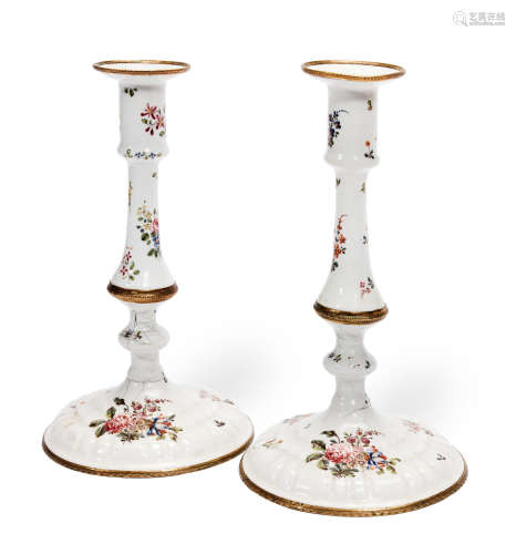 Circa 1770 A pair of South Staffordshire enamel candlesticks