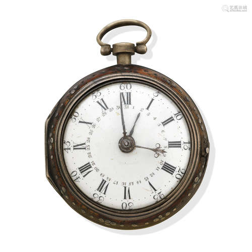 Probably London 1758, J Moore London  A silver and under-painted horn pair cased key wind pocket watch