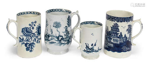 Circa 1770-80 Four Lowestoft blue and white mugs