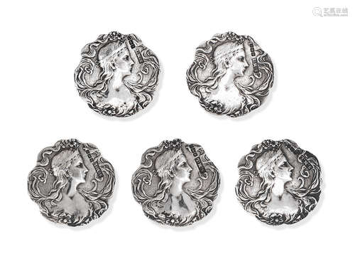 by Samuel.M.Levi, Birmingham 1902  A set of five early 20th century silver buttons