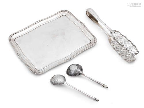 by Nichols & Plinke, maker's initials IA, St Petersburg, 1856, and Sheffield 1902 respectively  (6) A 19th century Russian silver dressing table tray and a similar English example