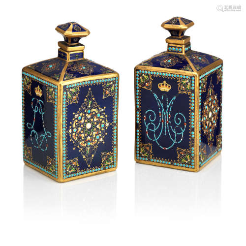 19th Century A pair of Sèvres-style jewelled porcelain perfume bottles and stoppers
