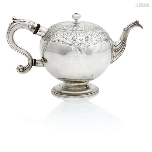 by James Ker, assay master Edward Lothian, date letter slightly rubbed, Edinburgh, circa 1740  A George II silver bullet teapot