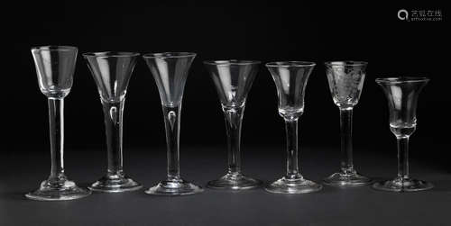 Mid 18th Century Seven plain stem wine glasses