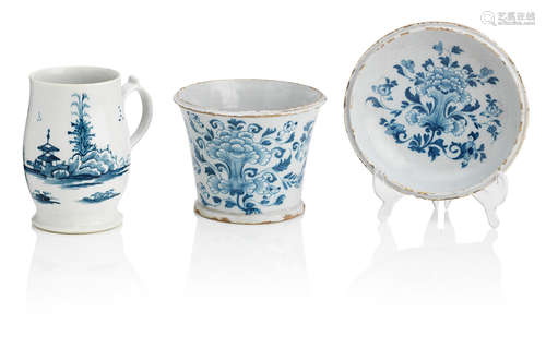 Mid 18th Century A William Reid, Liverpool blue and white mug and an English Delftware bulb pot and stand