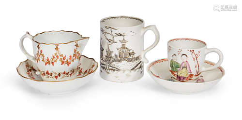 Circa 1765-75 A small Lowestoft mug, a Lowestoft milk jug and saucer and a Lowestoft coffee cup and saucer