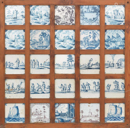 18th Century A framed display of twenty-five Delftware tiles, English and Dutch