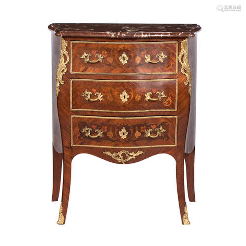 A Louis XV style marquetry and gilt metal mounted bomb shaped commode